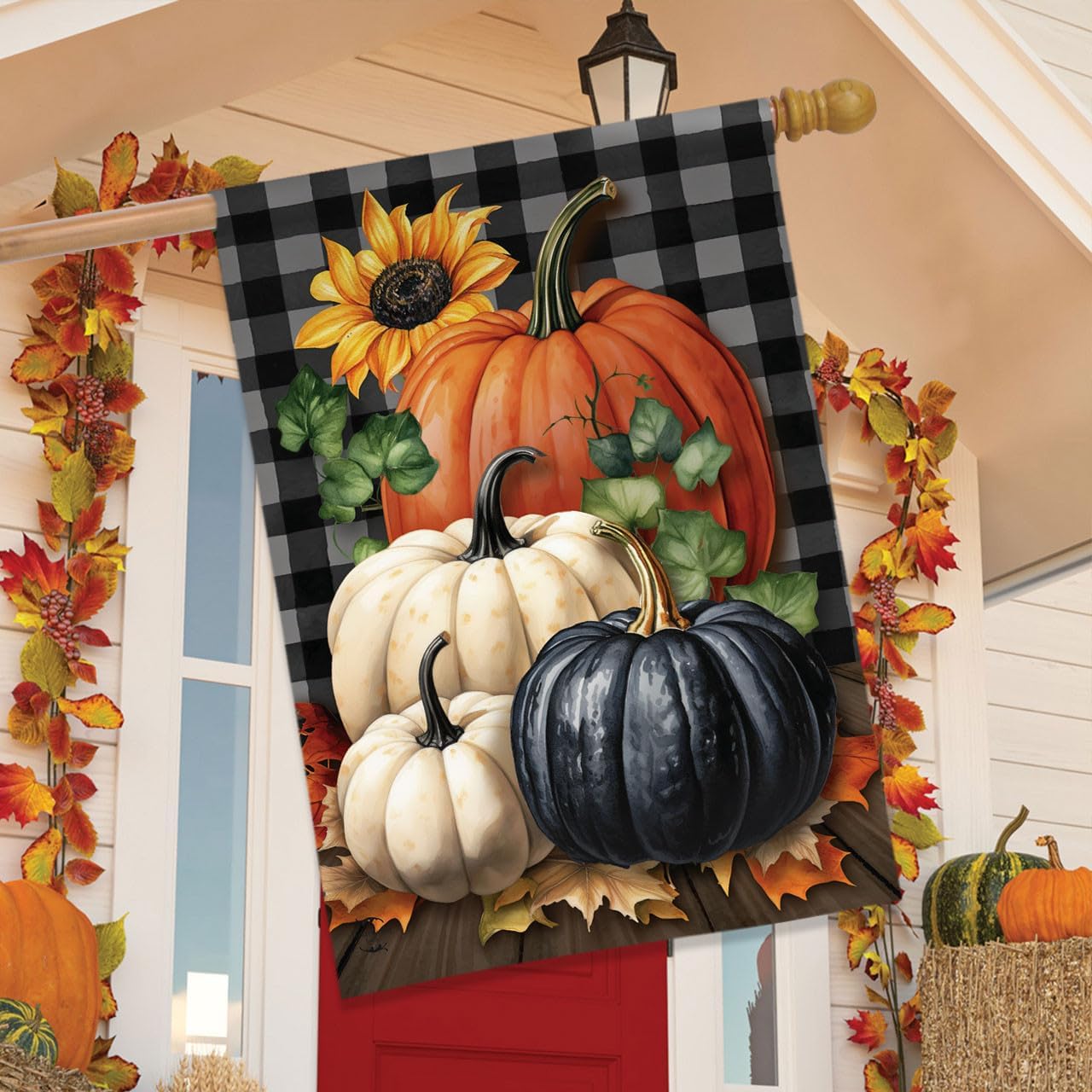 Bandera casa calabazas cuadros otoño