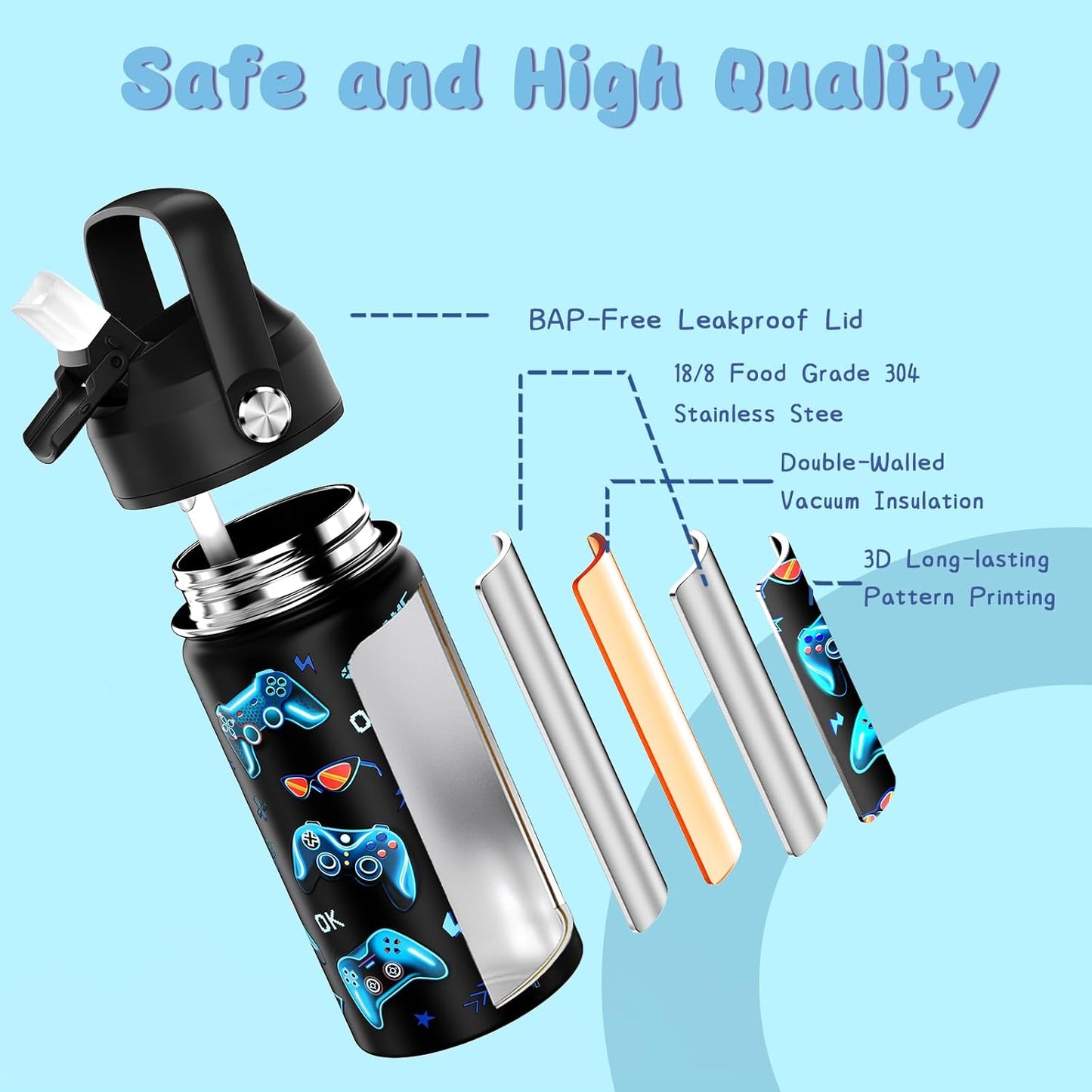 Botella agua acero inox 14oz para niños con pajilla