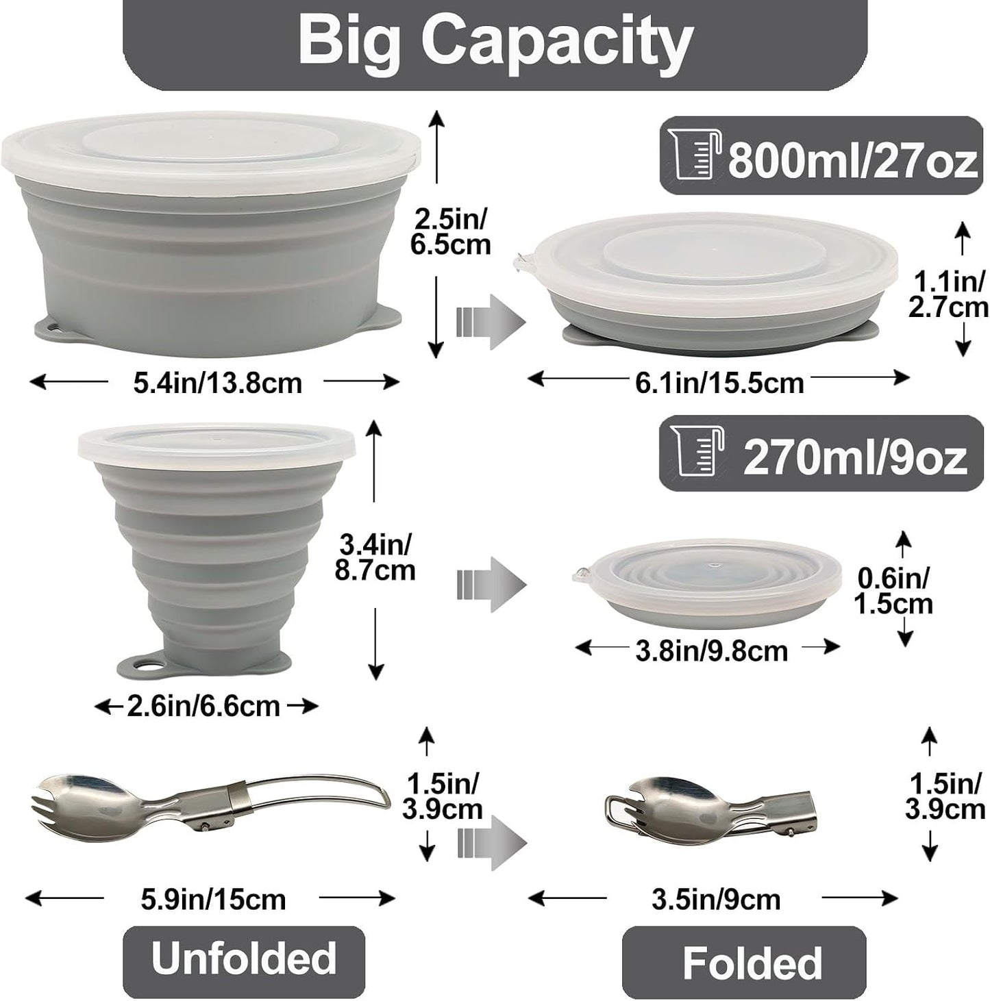 Kit cuenco plegable silicona y cuchara acero inox para camping