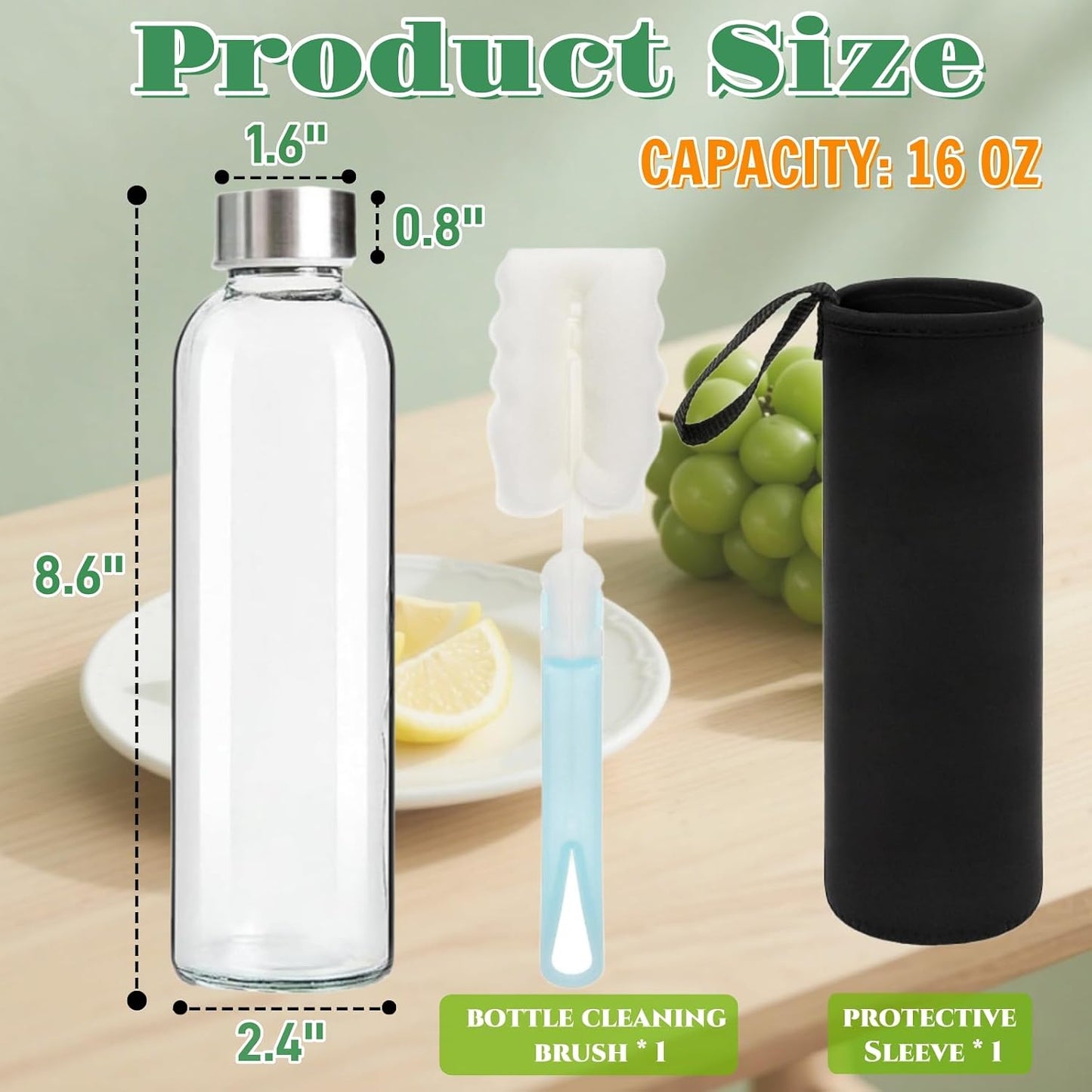8 Botellas Vidrio 16oz con Tapas Cepillo Funda Batidos Jugo