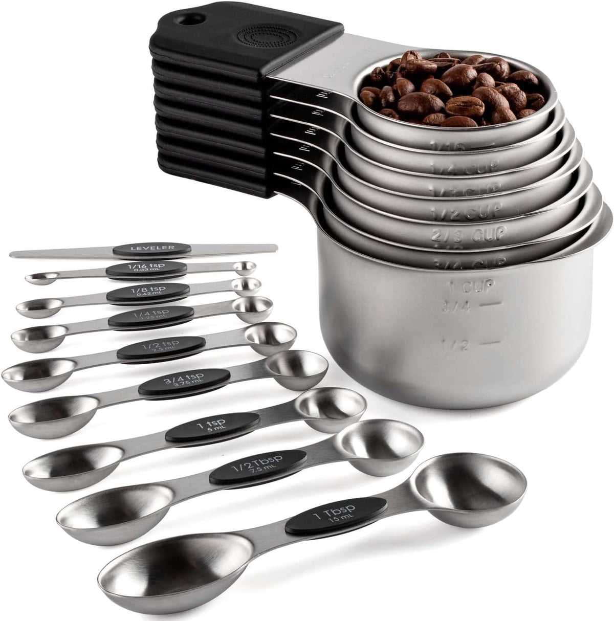 Set 7 Tazas y 8 Cucharas Medidoras Magnéticas Acero Inox Negro