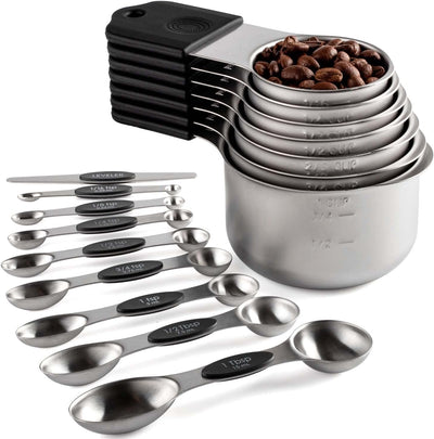 Set 7 Tazas y 8 Cucharas Medidoras Magnéticas Acero Inox Negro
