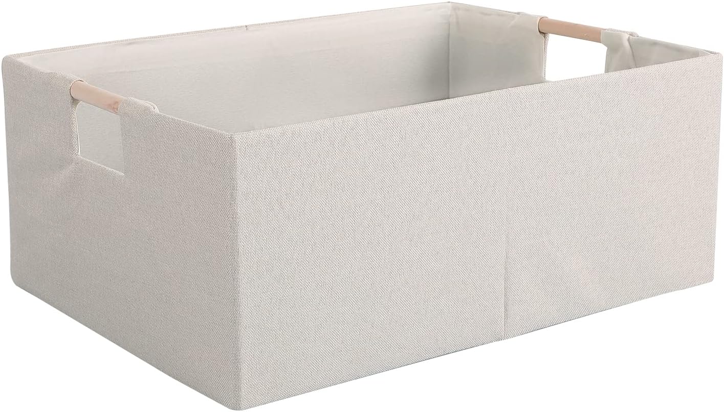 Caja almacenamiento tela plegable con asas madera beige