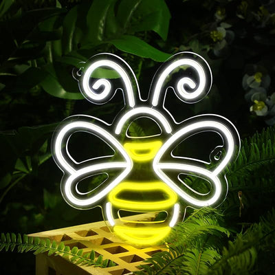 Letrero neón abeja luz led amarilla y blanca decoración pared