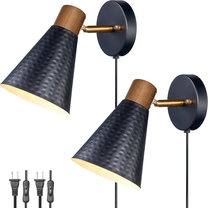 2 Apliques Pared Negro Moderno con Cable Encendido