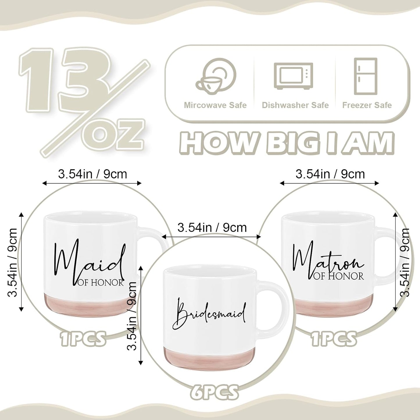 8 Pzas Taza Cerámica 355ml para Dama de Honor Boda