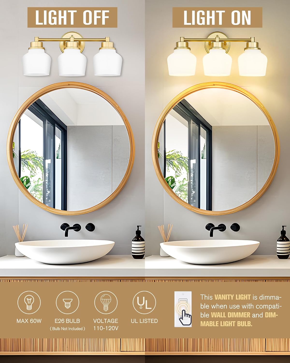 Lámpara tocador 3 luces vidrio lechoso baño moderna