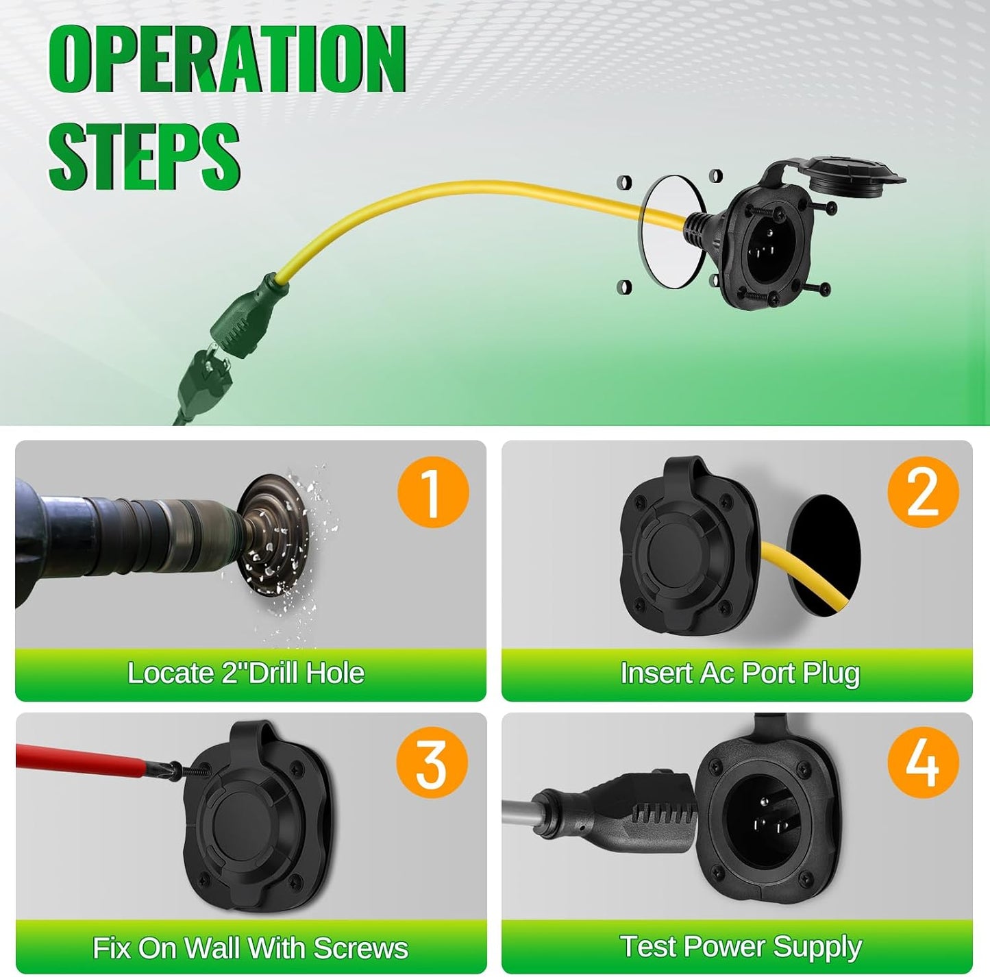 Enchufe CA 15A 125V RV con cable extensión caja amarilla