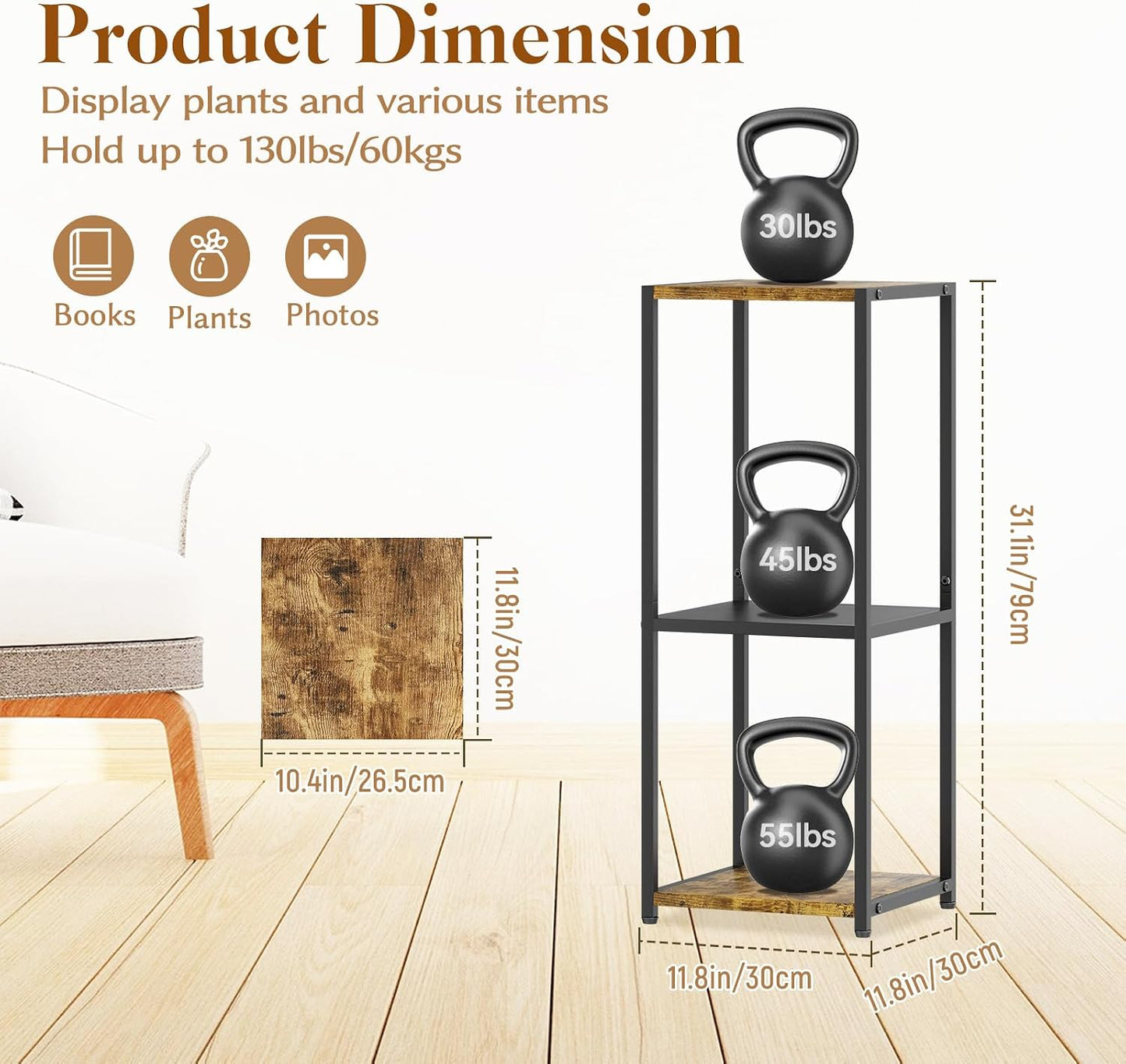 Soportes plantas 3 niveles 31" madera metal interior