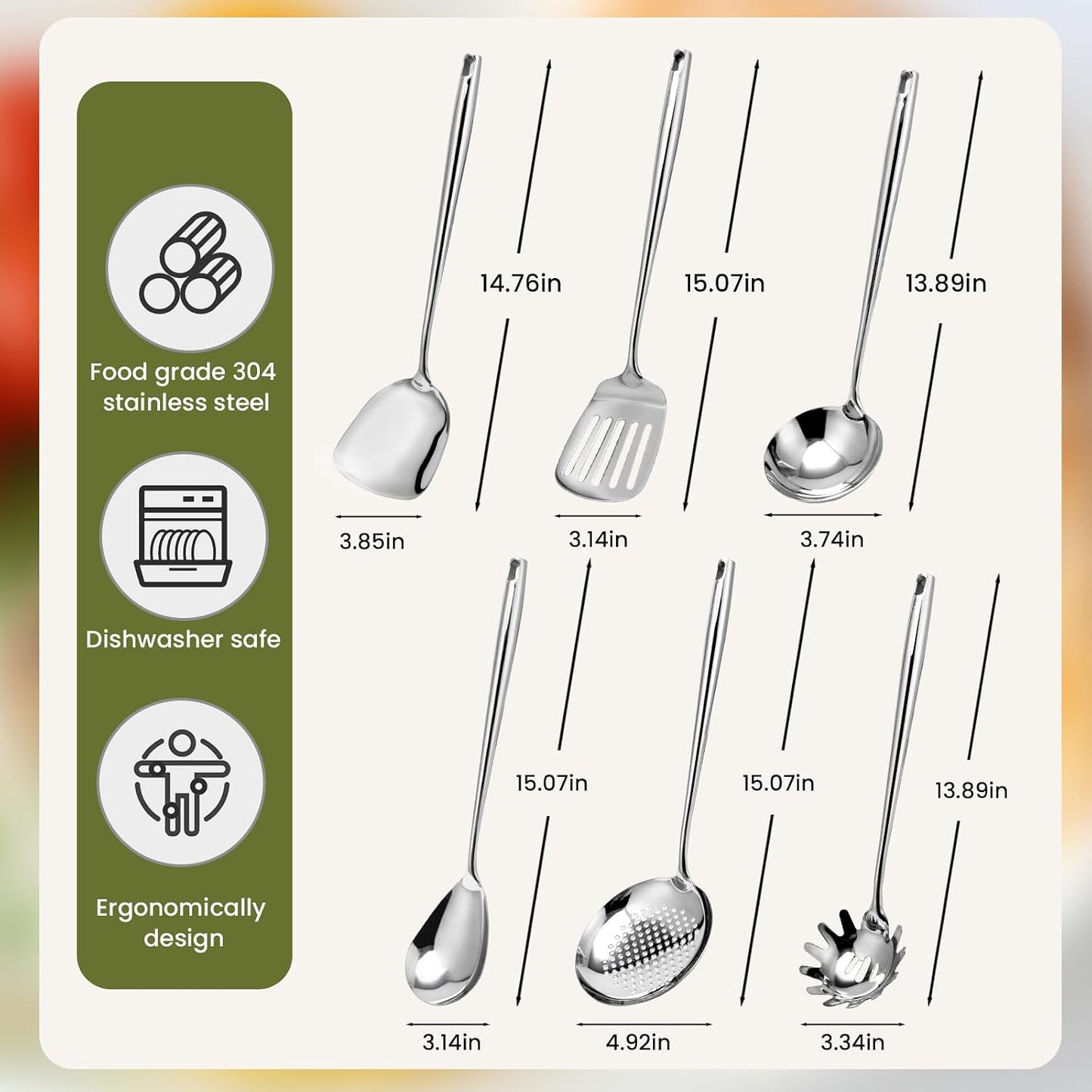Set 6 utensilios cocina acero inox espátula cuchara