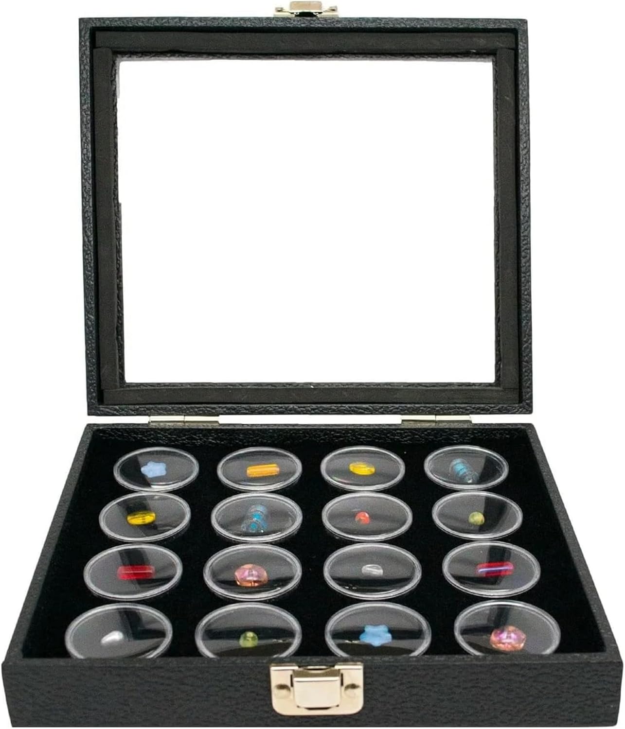 Caja expositora joyas 8.25x7.25" forro espuma bandeja negra