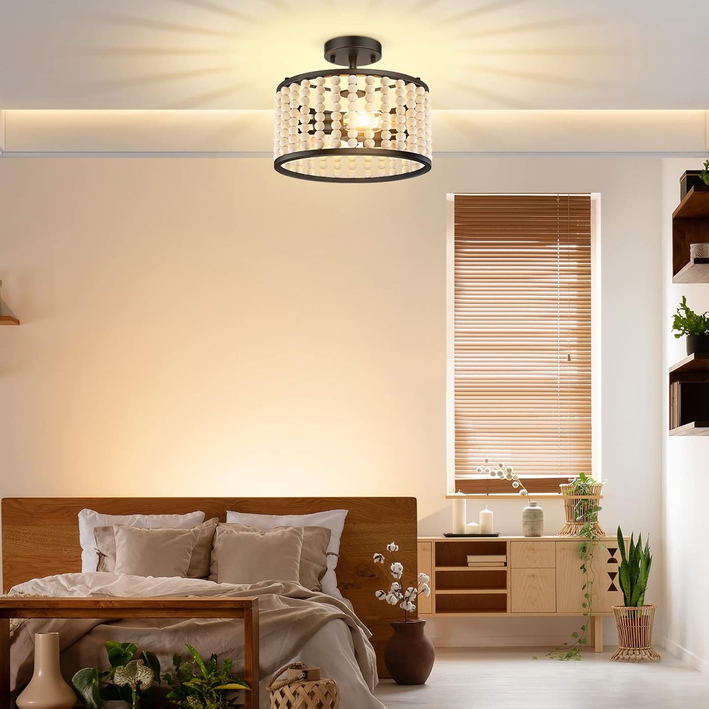 Lámpara techo rústica con cuentas madera 2 luces