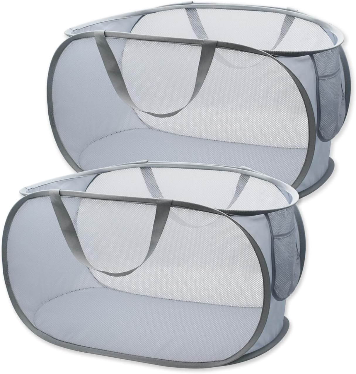 Cesta malla resistente para ropa sucia con bolsillo gris