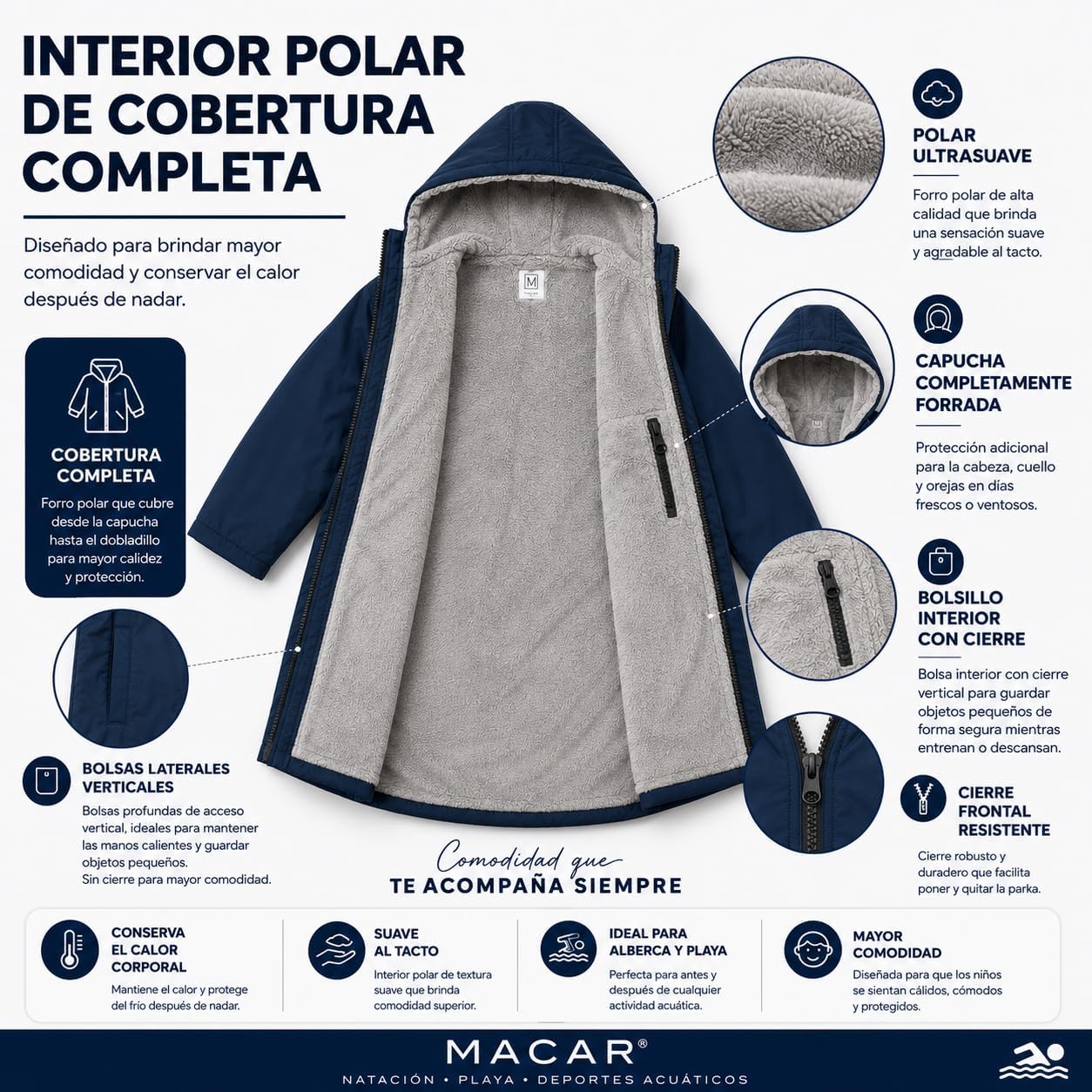Parka natación impermeable forro polar piscina aire libre