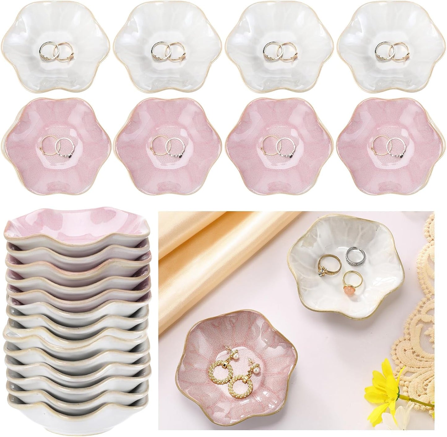 8 Pzas Plato Cerámica Hoja Loto Soporte Joyas Blanco Rosa