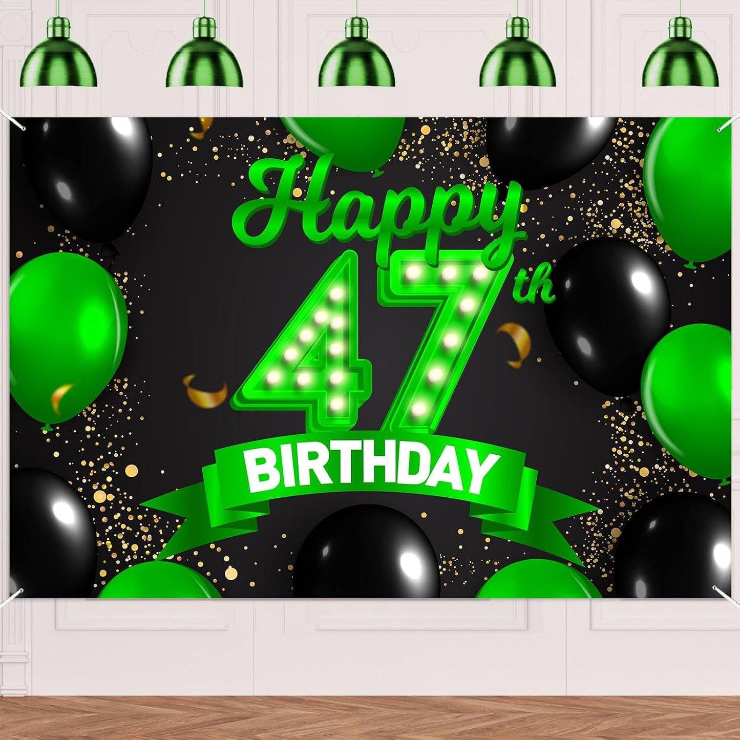 Cartel cumpleaños 47 verde y negro decoración confeti