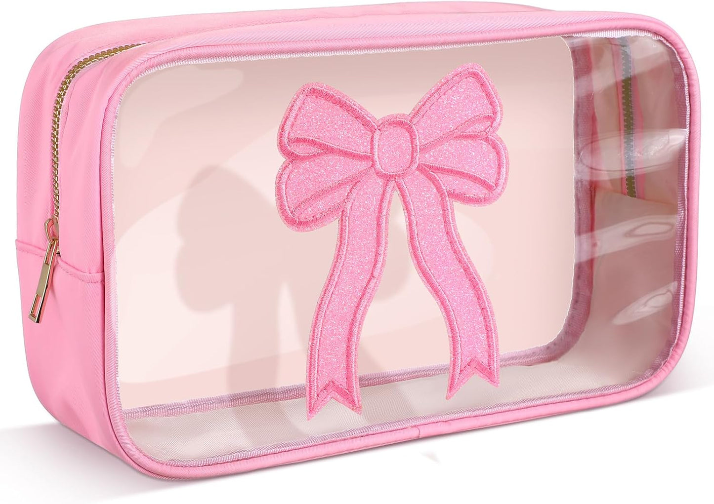 Bolsa maquillaje transparente con lazo rosa organizador viaje mujer