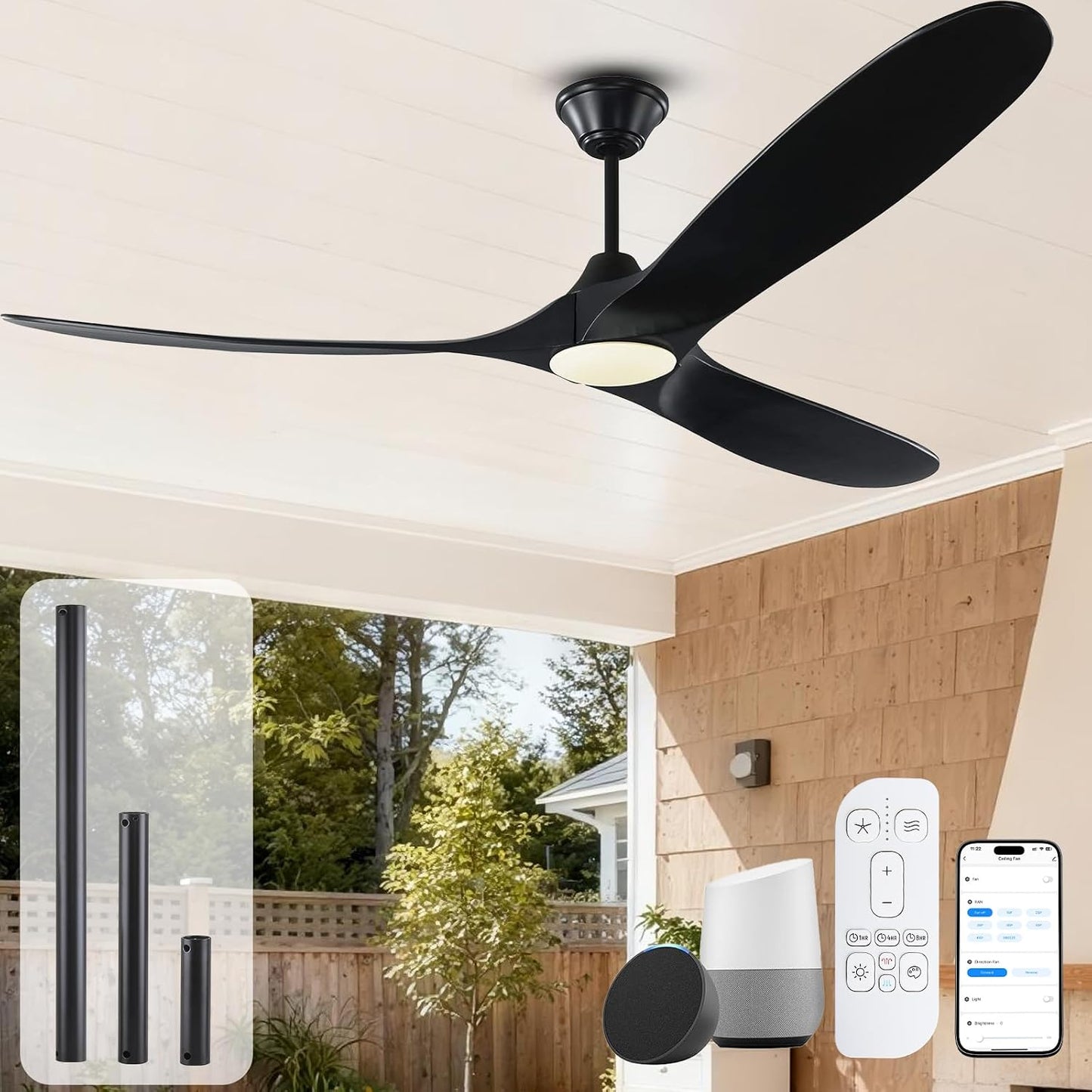 Ventilador techo 70pulg luz madera control Alexa negro
