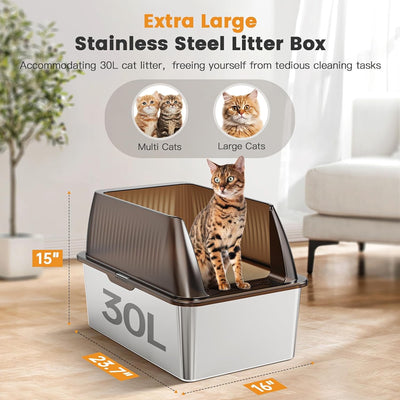 Caja arena gatos acero inox XL 15pulg tapa translúcido 2pzas