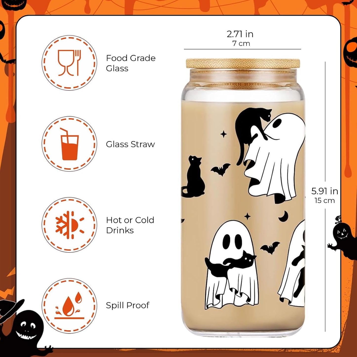 Vasos cristal Halloween 18oz con tapa y popote