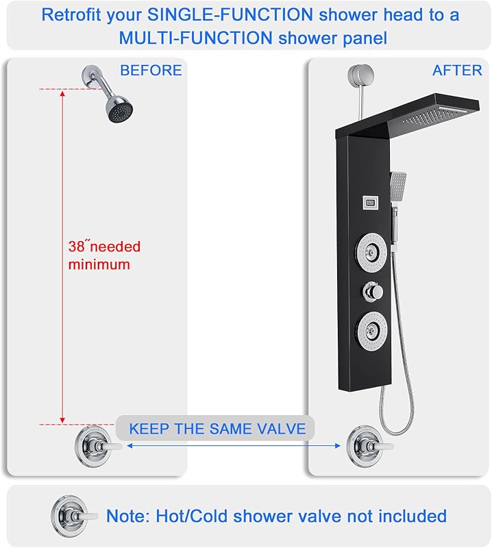Panel ducha retrofit LED lluvia 2 chorros acero inox negro