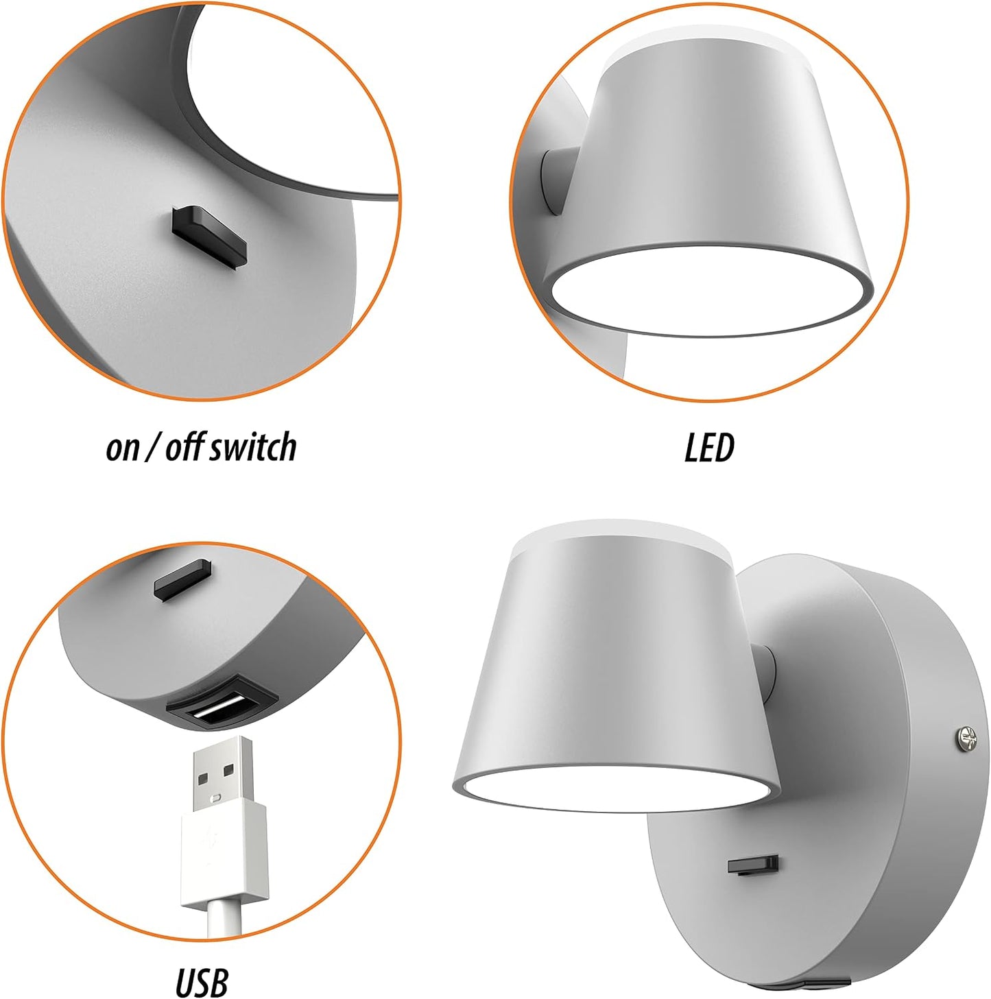 Set 2 apliques led pared con USB 110V giratorios 350°