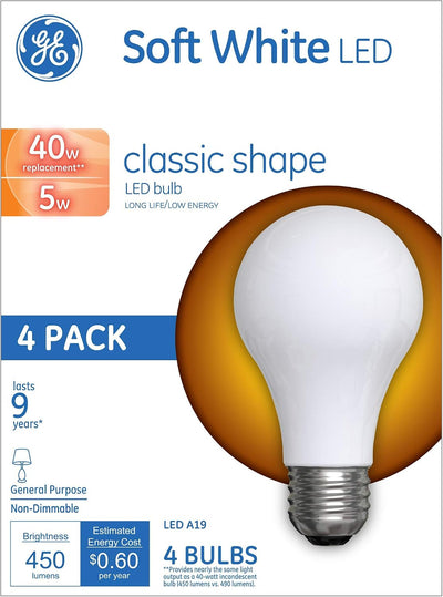 Bombillas LED clásicas A19 blanco suave 40W pack 4