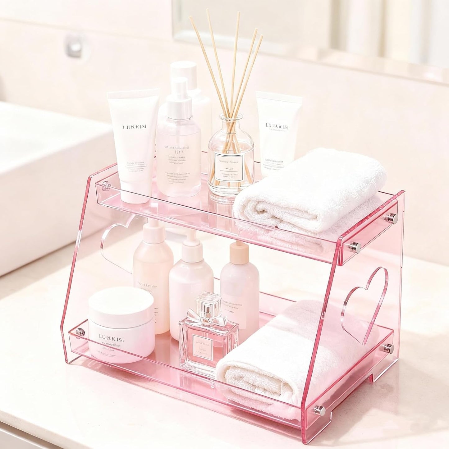 Estante organiz. encimera baño 2 niveles forma corazón rosa