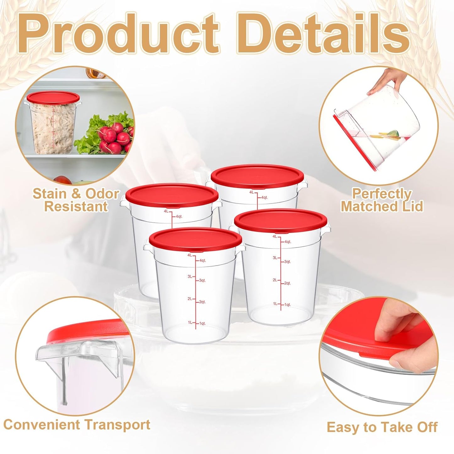 4 Recipientes 4qt Almacenamiento Pan Harina Rojo