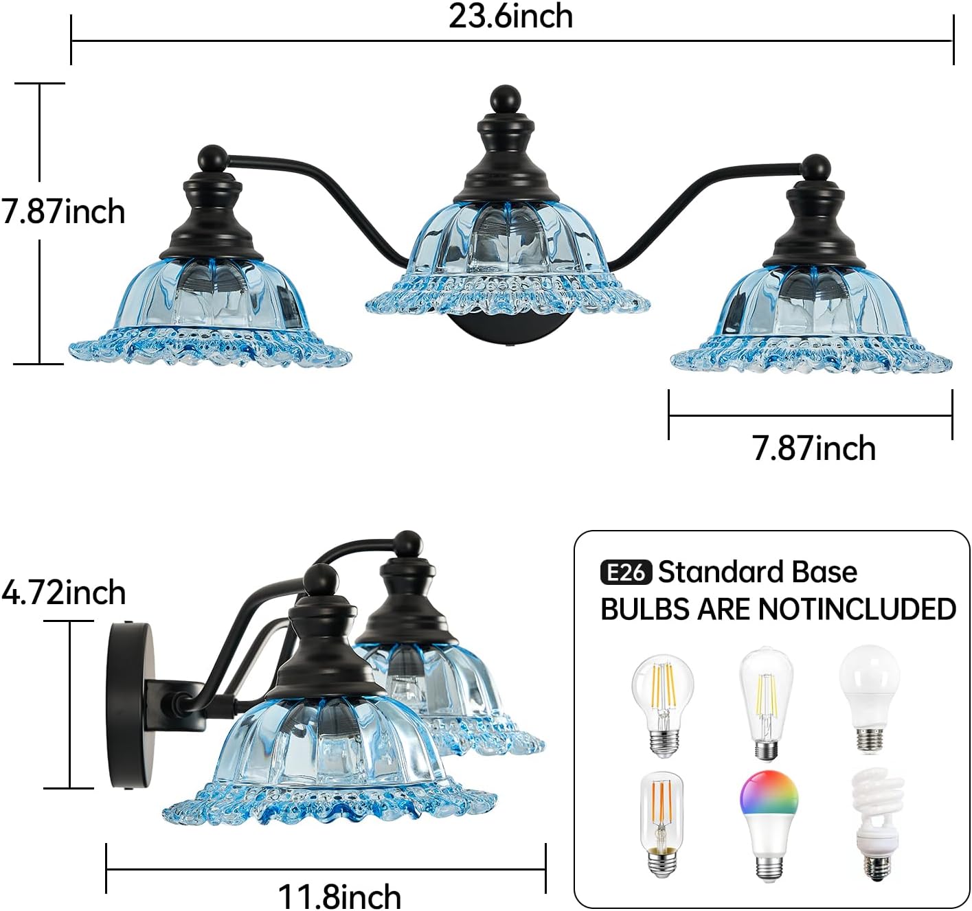 Luz de Tocador 3 Luces Azul y Negro Baño