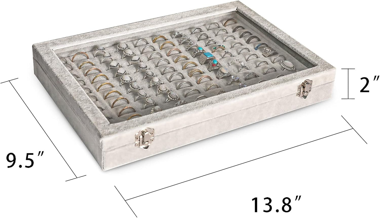 Bandeja organizadora anillos 100 ranuras tapa transparente vitrina aretes
