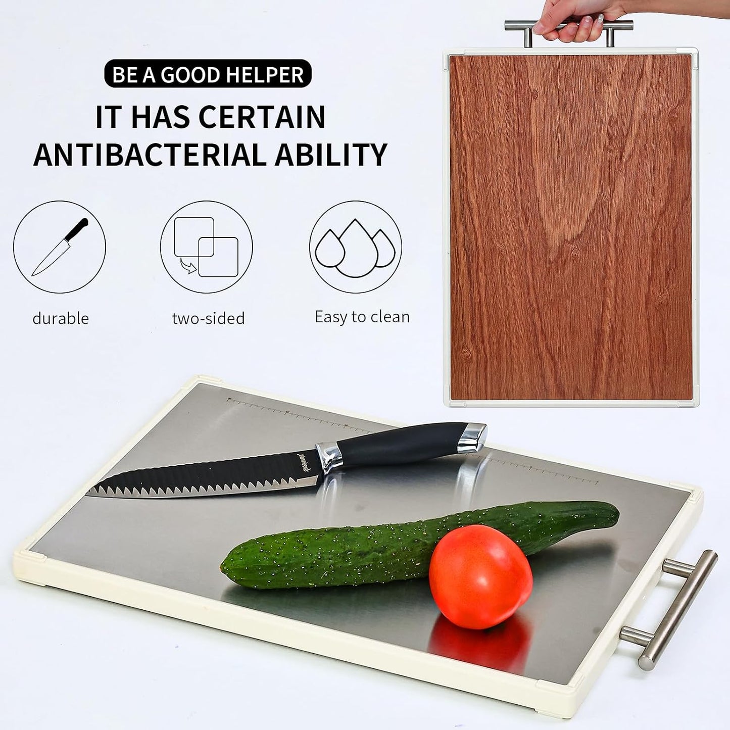 Tabla cortar doble cara acero inox y madera con mango