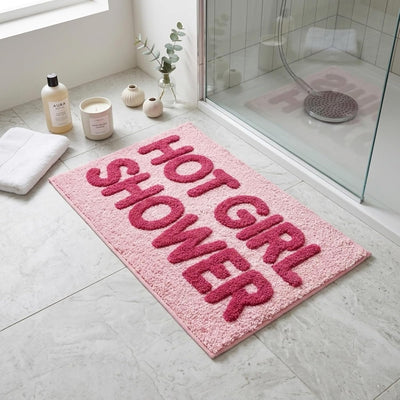 Alfombra baño ducha rosa copetuda microfibra antideslizante 24x