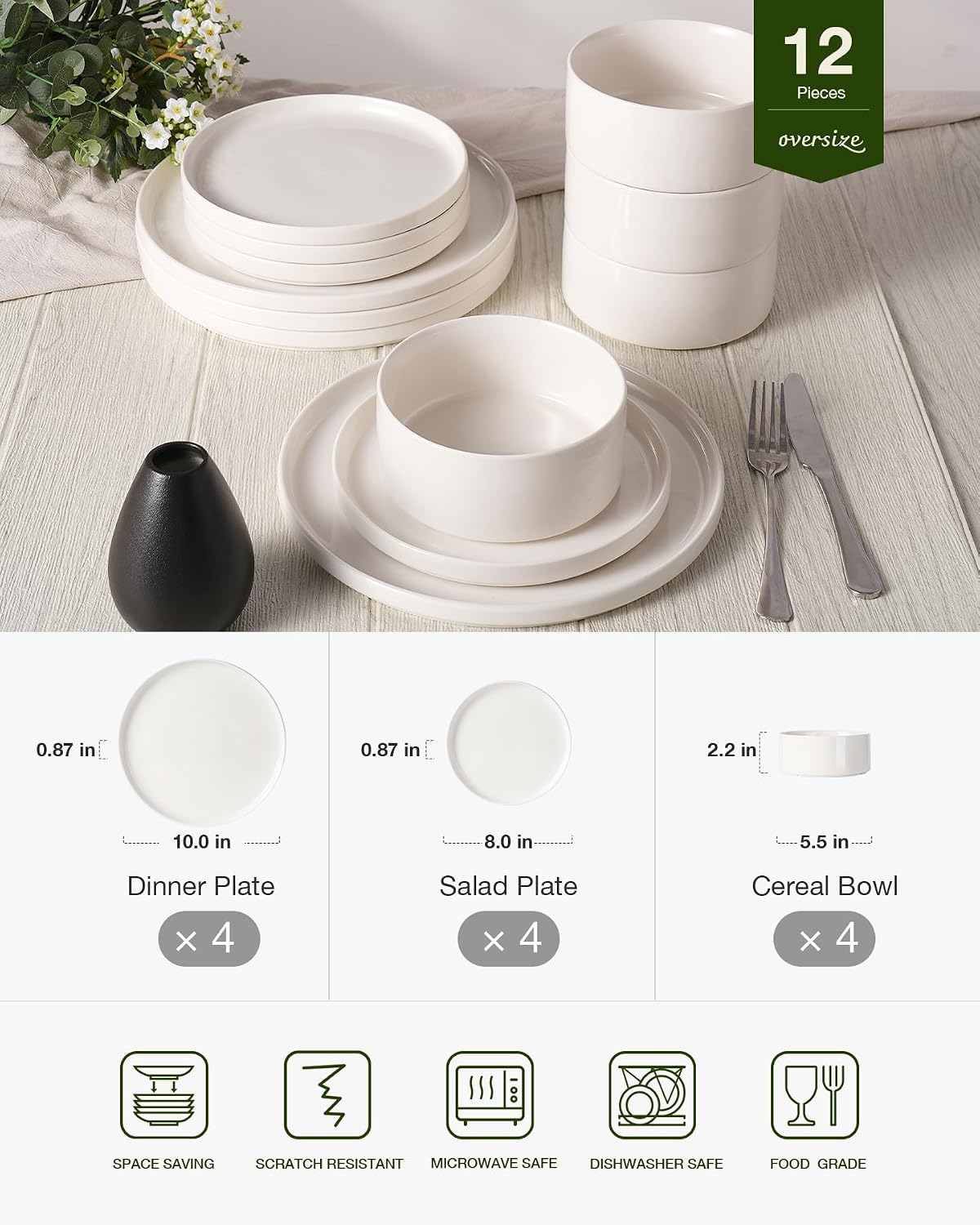 Set 12 Pzas Vajilla Porcelana Moderna Blanco