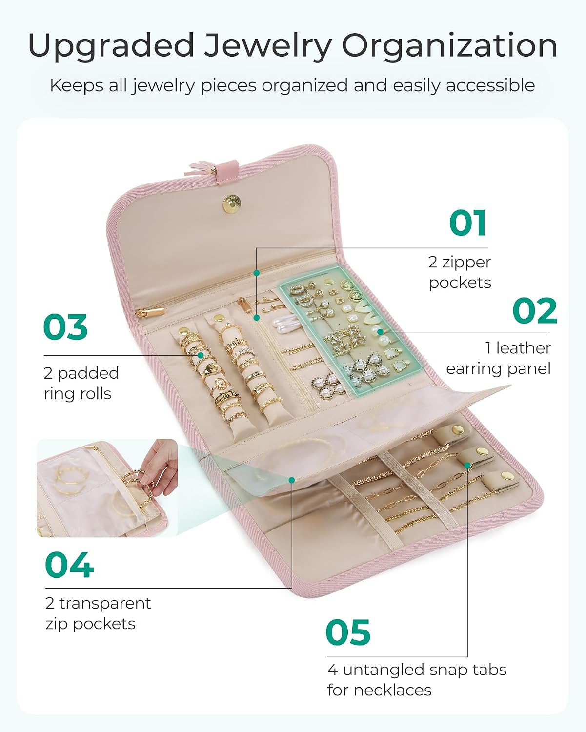 Estuche joyas viaje enrollable plegable rosa