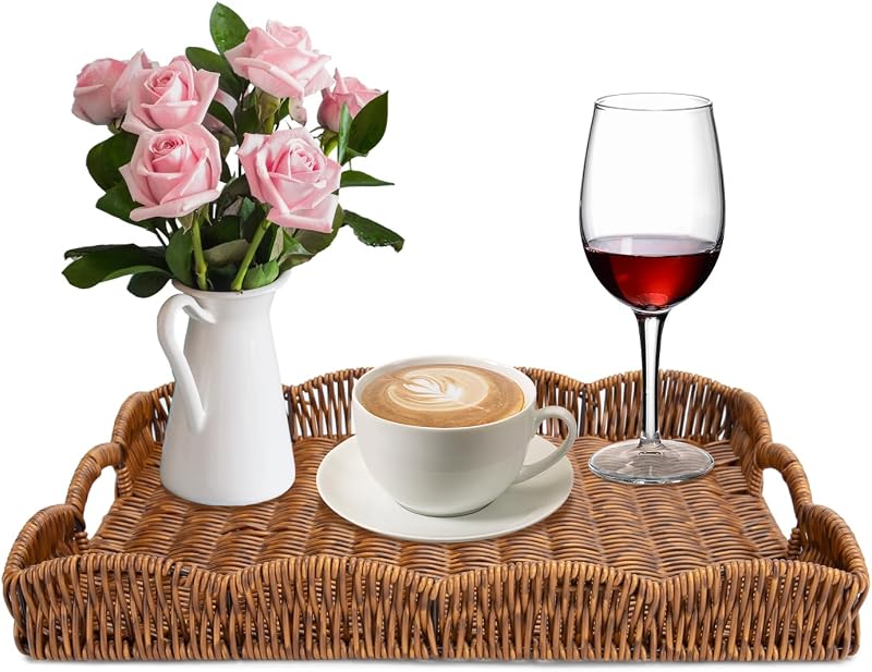 Bandeja mimbre festoneada con asas decorativa para mesa café