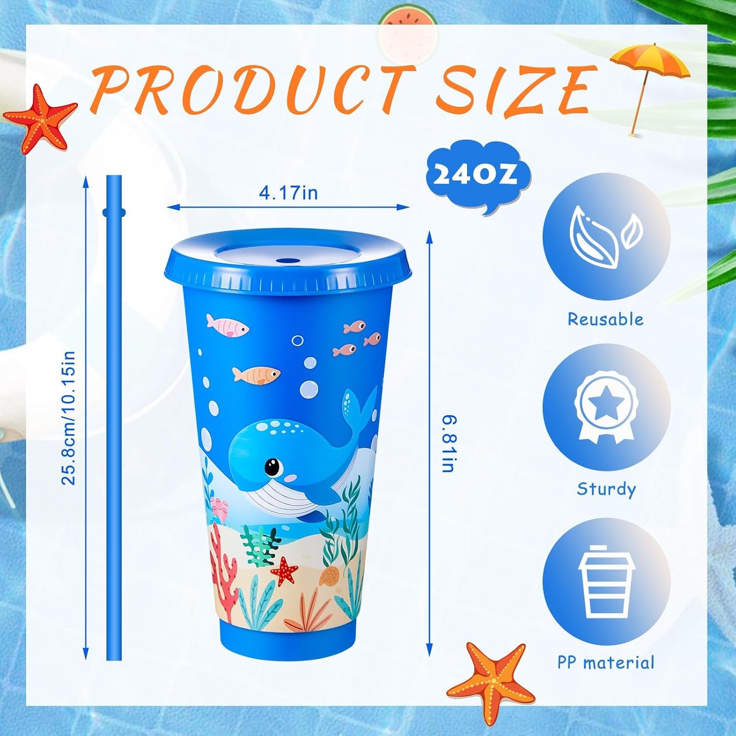12 Pzas Vasos Bajo el Mar 24oz Reutilizables