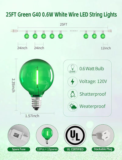 Guirnalda LED G40 25pies cable blanco patio dormitorio impermeable