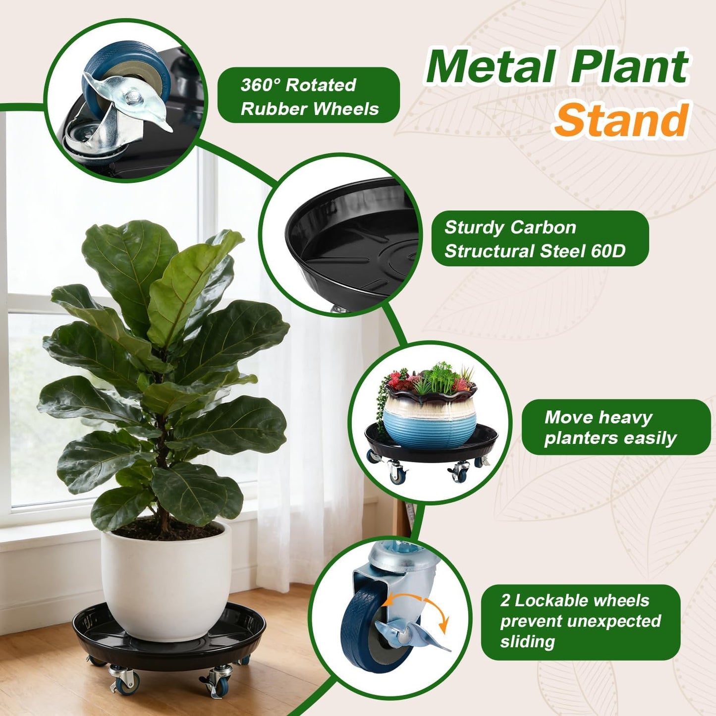 3 Pack Soporte Plantas Ruedas 13pulg Negro