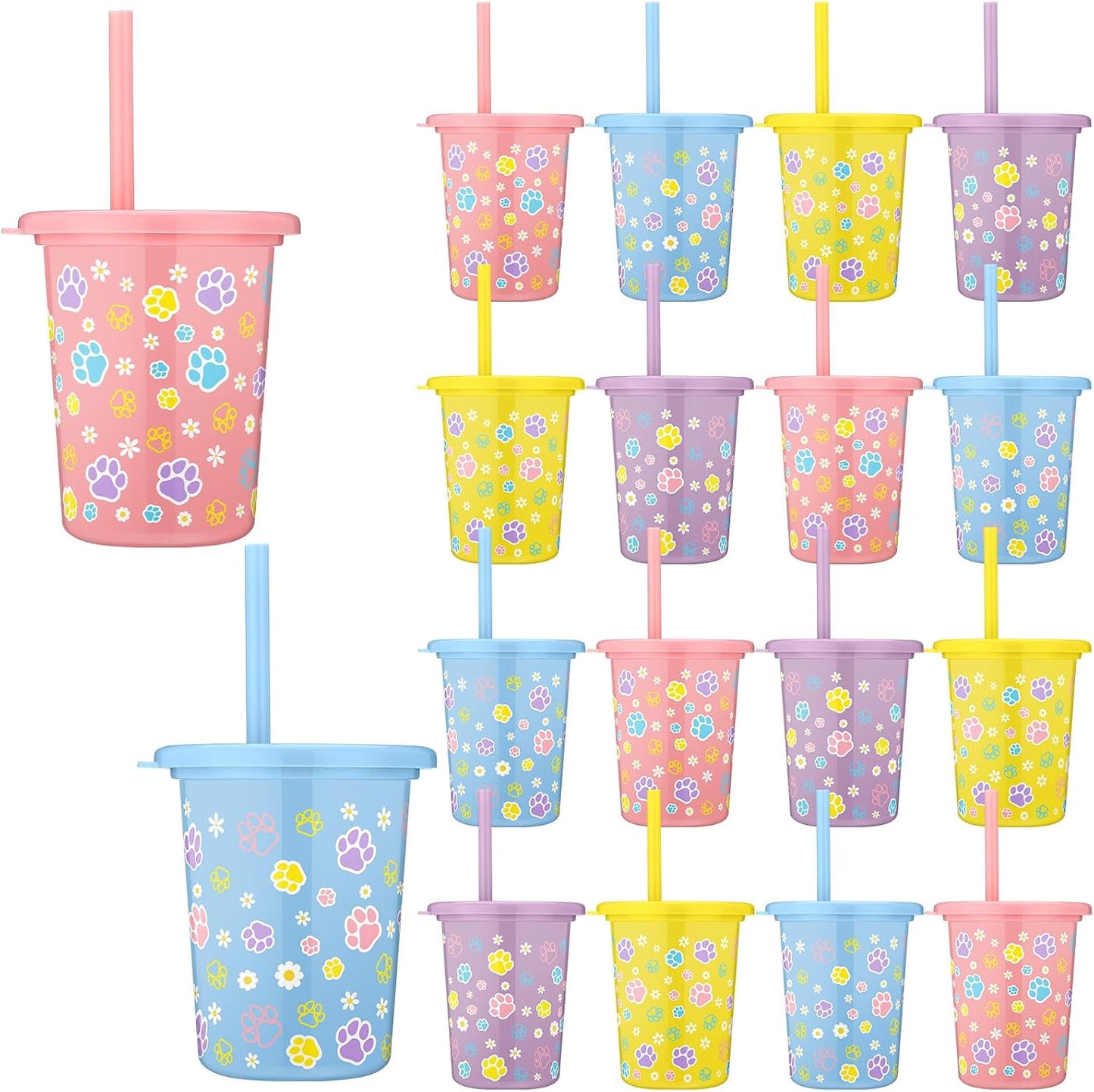 24 Vasos Plástico Azul con Pata Perro Tapas Pajitas 16oz