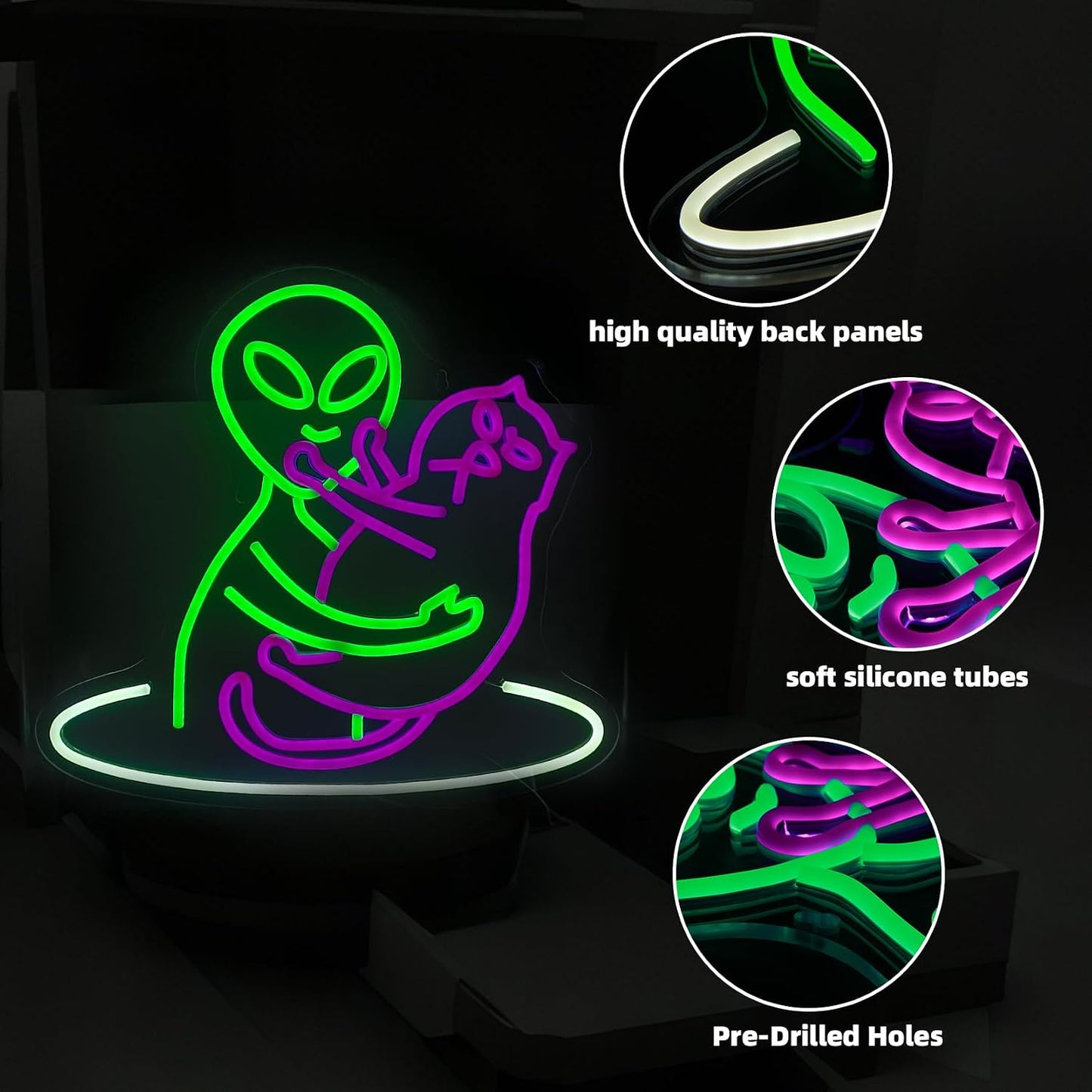 Letrero neón gato alienígena led verde y morado