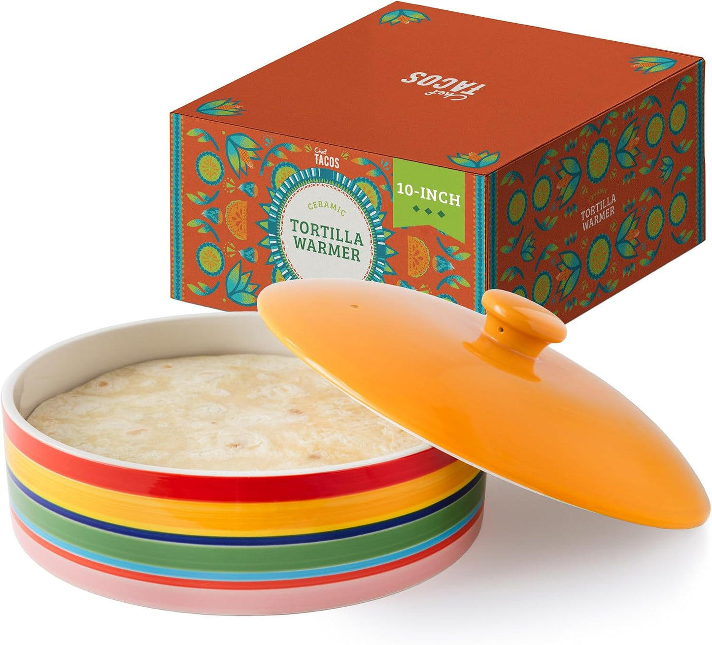 Calentador tortillas cerámica con tapa soporte arcoíris 10pulg