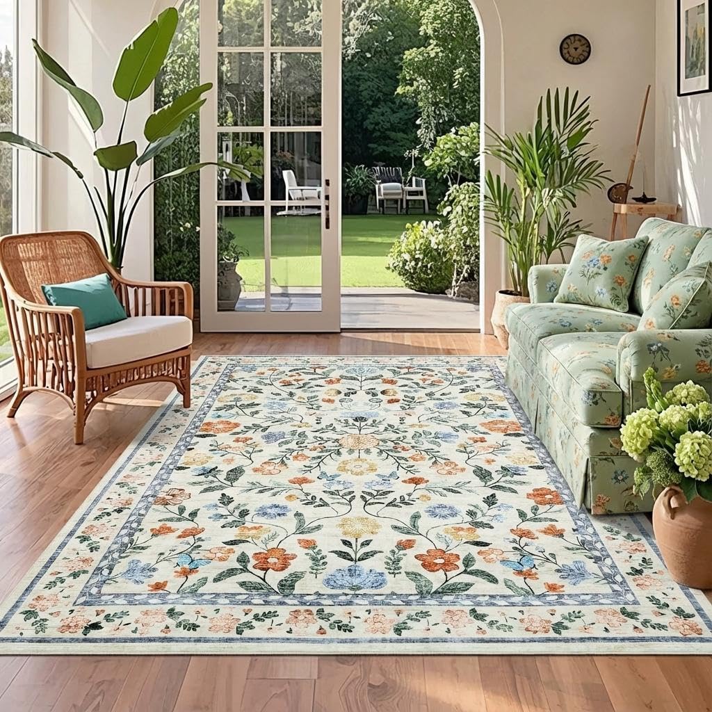 Alfombra floral lavable 4x6ft antiderrap dormitorio niños