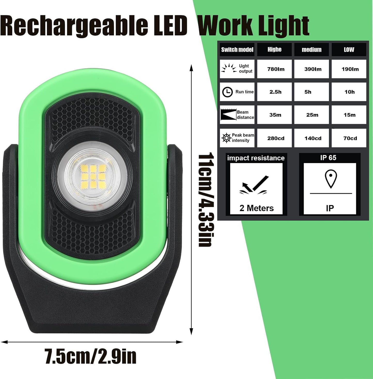2 Pzas Luz Trabajo Magnética LED 780lm Recargable USB