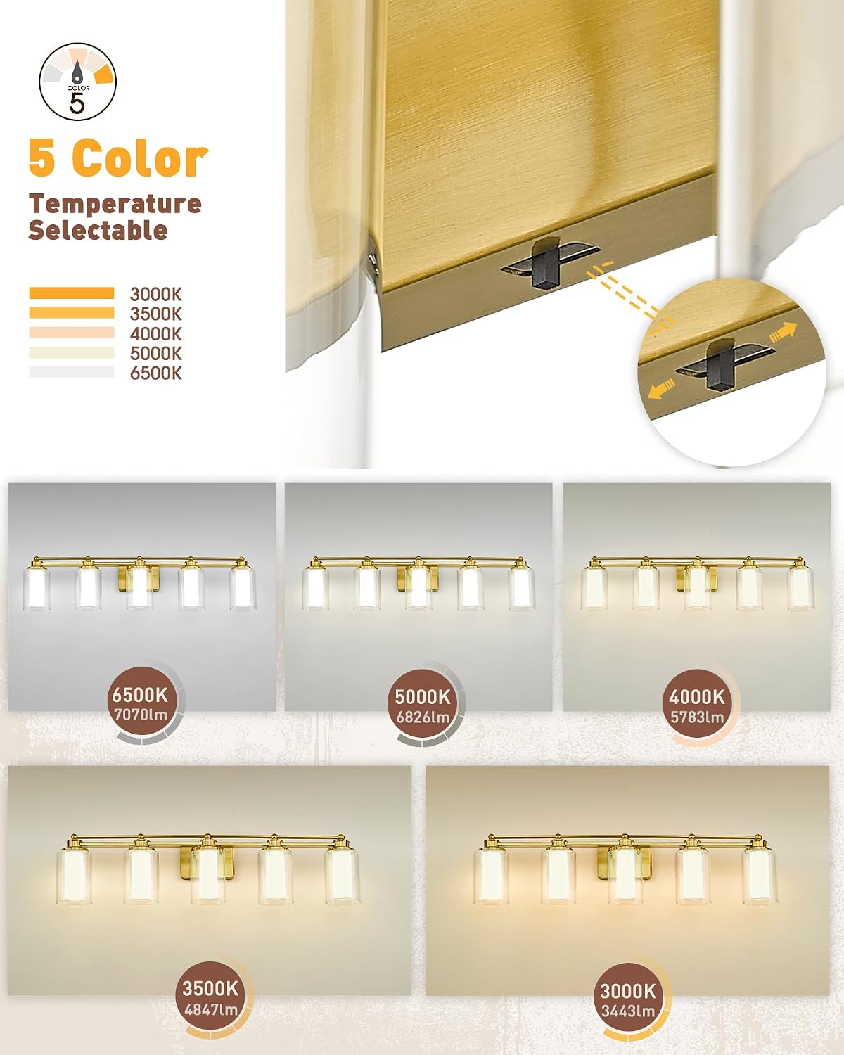 Lámpara baño 5 luces dorado cepillado moderna sobre espejo