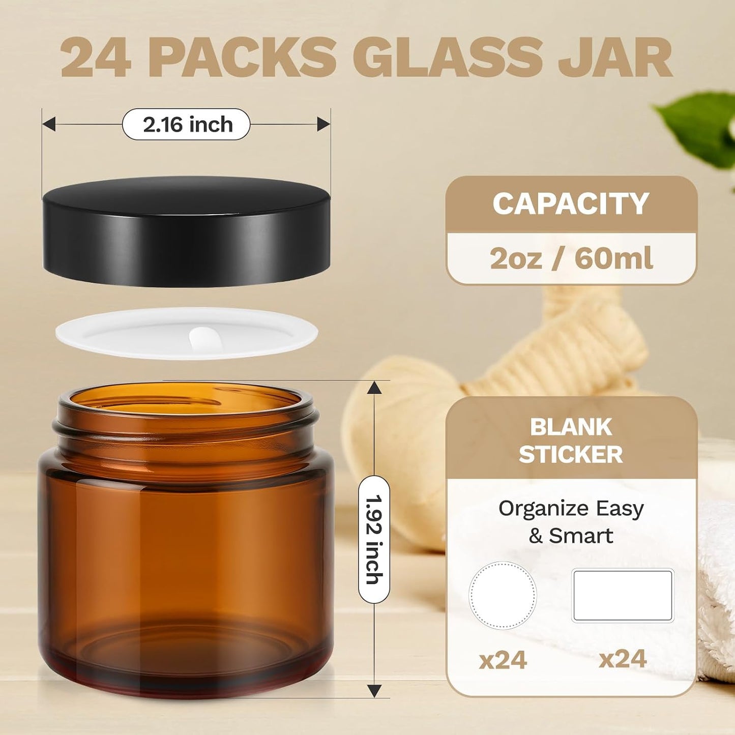 24 Tarros Vidrio Ámbar 60ml con Tapas para Cosméticos