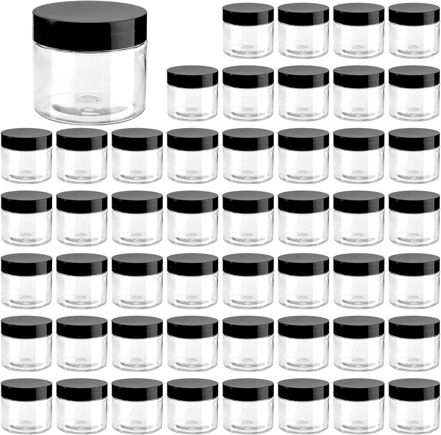 50 Tarros Plástico Transparente 2.7oz Tapas Negras