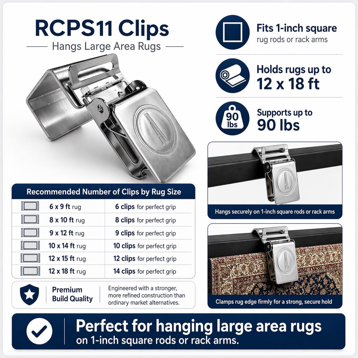 Clips alfombras pesadas 1pulg plata 10 Pzas