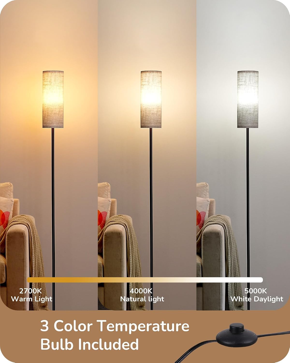 Lámpara pie moderna 63.7pulg LED 9w 3 temperaturas