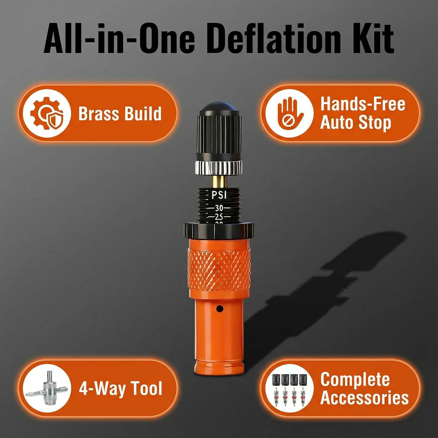 Kit válvula desinfladora neumáticos 10-30 PSI 4uds naranja